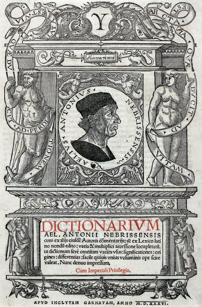 Retrato de Antonio Martinez de Cala disse Antonio de Nebrija (1441-1522) humanista e gramático espanhol. Guardpage de seu dicionário, publicado em 1536. Biblioteca Nacional de Madrid. de Unknown artist