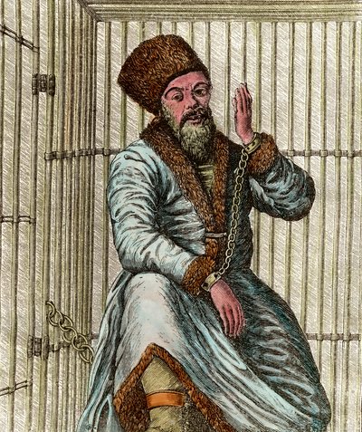 Retrato de Emelian Ivanovich Pugachev (Yemelian ou Emilian Pugachev) (1742-1775), líder cossaco durante a Guerra dos Camponeses Russos de 1773-1775 (Jacquerie dos Cossacos Yaik), preso na sua jaula e mostra o povo de Unknown artist