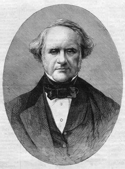 Retrato de George Peabody (1795-1869) empresário e filantropo fundador do Conservatório do Instituto Peabody da Universidade Johns Hopkins em Maryland, Estados Unidos. Gravura no "The Illustrious Universe" (O Universo Ilustre) de Unknown artist