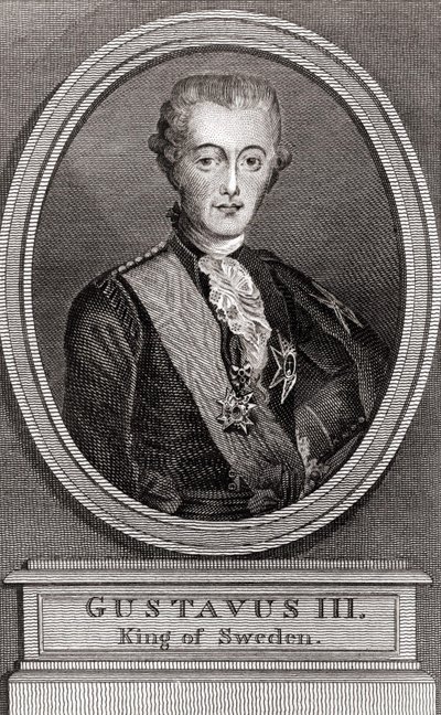 Retrato de Gustave III (1746-1792), Rei da Suécia de 1771 a 1792 gravura de 1787 "Collection to the Soldiers of Yesteryear". de Unknown artist