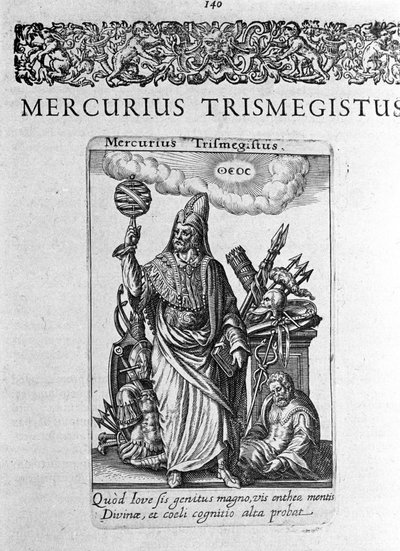 Retrato de Hermes Trimigiste (Trismegisto) (Trismegisto), astrólogo, retrato ideal de um tratado de Jacques Boissard "De divinatione et Magicis" 1605. de Unknown artist