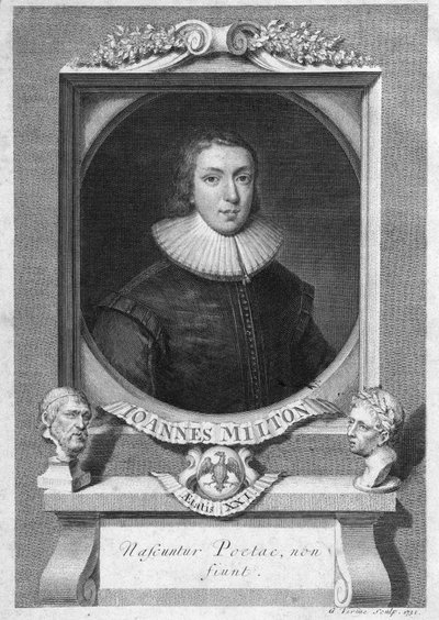 Retrato de John Milton, poeta e ensaísta inglês (1608 - 1674) gravando no século XVIII de Unknown artist