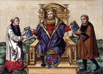 Retrato do Rei Henrique VIII da Inglaterra (1491 - 1547) no seu trono, emitindo a Bíblia a dois cortesãos. Gravura para colorir. de Unknown artist