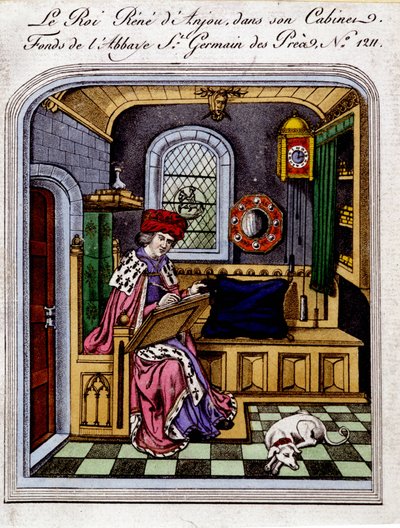 Retrato do Rei René de Anjou (1409-1480)" também chama René I de Nápoles ou René da Sicília, em seu gabinete - gravura após uma miniatura de Unknown artist