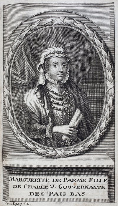 Retrato de Margarita de Parma (ou Margarita da Áustria) (1522-1586), Duquesa de Parma e Piacenza, filha natural de Carlos V (1500-1558) e governanta da Holanda (Holanda) de 1559-1581. Gravura para ilustrar a "História da Guerra de Fla de Unknown artist