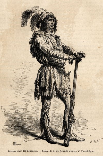 Retrato de Osceola (1804-1838), líder dos seminoles, à frente da resistência indiana contra os Estados Unidos durante a Guerra da Flórida (1835-1842). Gravura para ilustrar a história quatro meses na Flórida, de Achille Pousselgue em 1851-1852, publicado de Unknown artist