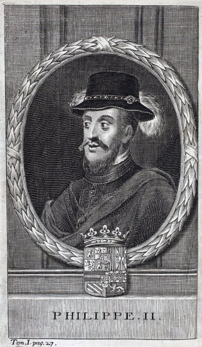 Retrato de Filipe II de Espanha (Felipe) (1527-1598), Rei de Espanha e Portugal. Gravura para ilustrar a "História da Guerra da Flandres", de Flamianus Strada, edição Joseph T