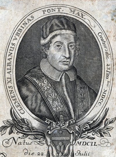 Retrato do Papa Clemente XI (Gianfrancesco Albani) (1649 - 1721), 241º Papa. Gravura do século XVIII de Unknown artist