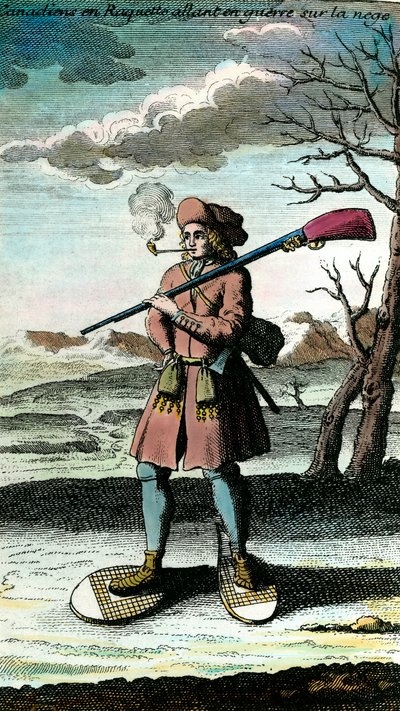 Retrato de um canadiano em sapatos de neve a ir para a guerra. Gravura do século XVIII. Colecção privada. de Unknown artist