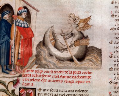 Retrato do poeta italiano Dante Alighieri olhando para Charon seu barco atravessando o Acheron com as almas (canção 3 do Inferno, na Divina Comédia) - miniatura do século XV de Unknown artist