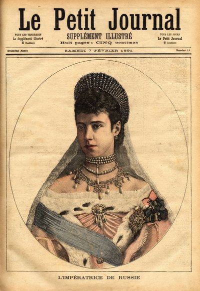 Retrato da princesa dinamarquesa Mary Sophie Dagmar (1847-1928), que casou sob o nome de Mary Feodorovna (ou Fiodorovna, ou Fedorovna), em 1866, Alexander Alexandrovich Romanov (1845-1894), ou Alexander III imperador (czar) da Rússia. Gravura em "Le de Unknown artist