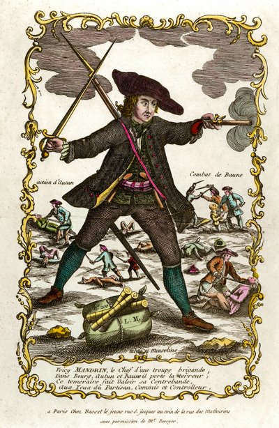 Retrato do bandido francês Louis Mandrin (ca. 1725-1755). Atrás dele, a ação de Autun e a luta de Baune. Gravura do século XVIII. Coleção particular de Unknown artist