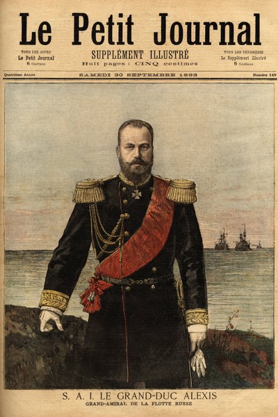 Retrato do grande almirante da frota russa, aliado à França, Grã-Duque Alexandrovich Romanov (1850-1908) filho do czar Alexandre II (1818-1881). Gravura no "Le petit journal" 30/09/1893. Coleção da Selva. de Unknown artist