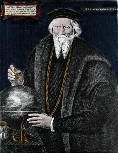Retrato do navegador Sebastiano Caboto (Sebastien Cabot) (1476 - 1557), que com seu pai descobriu Labrador e Terra Nova. Gravura. de Unknown artist