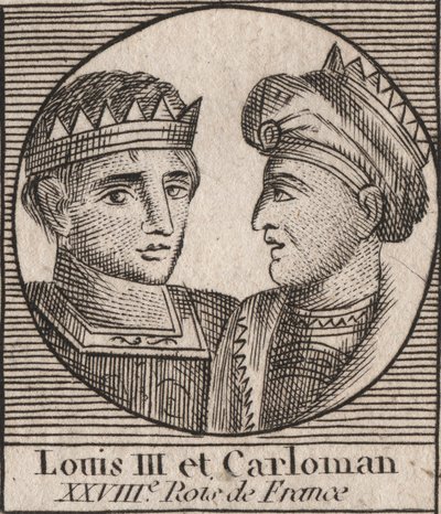 Retratos de Luís III (863/65-882) Rei dos Francos entre 879 e 882 e Carloman II (866-884), Rei dos Francos de 879 a 884 - Luís II rei da Francia Ocidental e Carloman II, rei da Francia Ocidental - gravura de "Instruction sur l