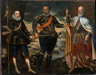Retratos de Marcantonio Colonna, do Príncipe Juan da Áustria e do Doge Sebastiano Venier,. Os vencedores da batalha de Lepanto, c.1571 (pintura) de Unknown artist