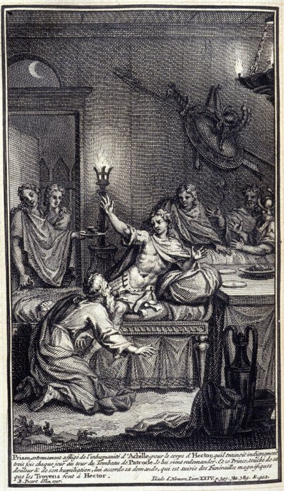 Priam, extremamente aflito com a desumanidade de Aquiles, pois o corpo de Hector, que ele arrastava três vezes por dia ao redor do túmulo de Patrocles, vem perguntar-lhe novamente. E este príncipe, tocado com a sua dor e humilhação, concede-lhe o seu pedid de Unknown artist