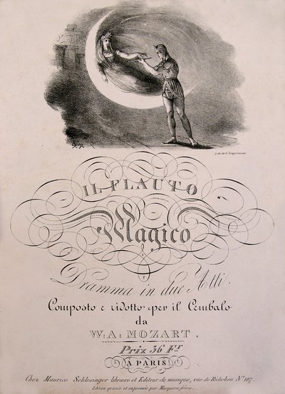 O Príncipe Tamino recebe a flauta encantada da Rainha da Noite, ilustração da capa do livro de partição de "A Flauta Encantada" (Die Zauberflote) (1791) de W.A. Mozart (1756-1792). Coleção Leonard de Selva. de Unknown artist