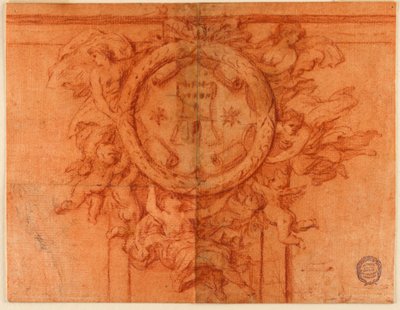 Projeto para decoração de parede (Figuras femininas e putti sustentam um medalhão circular com brasão) de Unknown artist