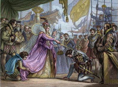 Rainha Elizabeth I (1530-1603) cavaleiro Francis Drake (1540-96) - Suavização por Francis Drake (1540-1596) de Unknown artist