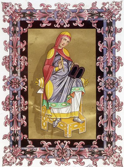 Radegonde (ca. 520 - 587), rainha da França, esposa de Clotaire (Clothaire) I. Cromolitografia do século XIX baseada na iluminação. de Unknown artist