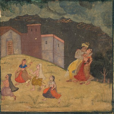 Radha e Krishna pegos em uma tempestade de Unknown artist