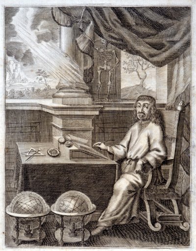 René Descartes (1596 - 1650) no seu escritório com equipamento científico. Gravura do século XVII. de Unknown artist