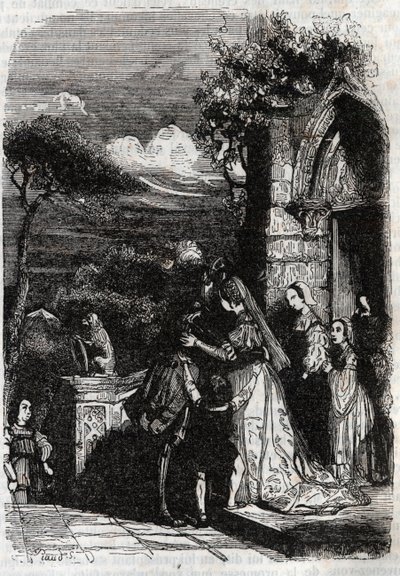 Renaud retornando para sua família - gravura de 1851 de “” Furious Roland ”” de Unknown artist