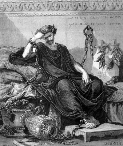 Representação de Damoclés enchaïne entre os mantimentos da festa, durante a qual o Ancião Negado o mandou pendurar uma espada acima da cabeça para lhe mostrar a fragilidade da felicidade. Gravura do século XIX. de Unknown artist