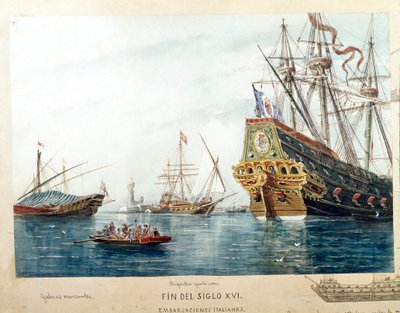 Representação de navios italianos, galeras, brigantinos do século XVI (aguarela de Unknown artist