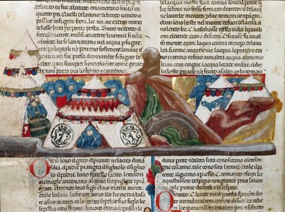 Representação de Jules Cesar (101-44 AC) sentado perto do seu campo militar Detalhe de uma página manuscrita "Facts of the Romans" (Ms 1538, fol. 24v) por volta de 1340 Florence, Biblioteca Riccardiana de Unknown artist