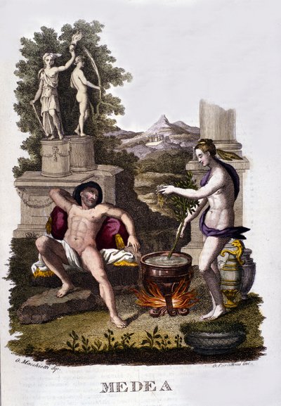 Representação da Medeia preparando suas maldições após o ciclo de Argonautas. Gravura do século XIX. de Unknown artist