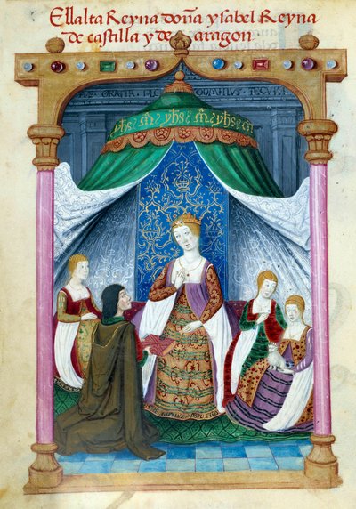 Representação da Rainha Isabel de Portugal Isabel de Aragão (1271-1336) rodeada pelos seus companheiros e Pedro Marcuello que lhe oferece o seu livro. Página manuscrita retirada da "Colecção de devoção da Rainha Joana o Folle (1479-1555) de Espanha" por de Unknown artist