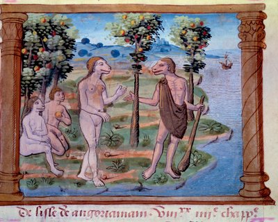 Representação de criaturas monstruosas com um corpo humano e cabeça de cão. Miniatura retirada de "História dos Mongóis chamados por nós Tártaros, descrição dos costumes, geografia, história e figuras proeminentes do povo mongol", história de viagem do fra de Unknown artist