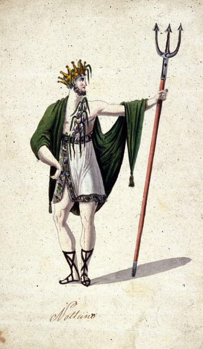 Representação do deus romano Netuno segurando um tridente (identifica o grego Poseidon). Aquarela do século XVIII. de Unknown artist