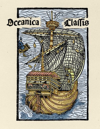 Representação da caravela Santa Maria por Cristóvão Colombo (1451-1506). Gravura de "De insulis in mare Indico super inventis", Bale 1493-1494 (tradução latina do relatório de Colombo ao Rei de Espanha). de Unknown artist