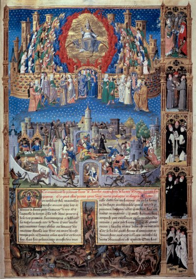Representação da cidade de Deus (celeste) e da cidade dos homens (terrestre) Miniatura tirada de "De civitate dei" (A cidade de Deus) por Santo Agostinho de Hipona (354-430), traduzida por Raoul de Presles por volta de 1480. Biblioteca Municipal de Macon de Unknown artist