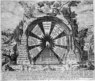 Representação da entrada da Casa dos Misteres, simbólica da vida eterna. Gravação do "Amphitheatrum sapientiae aeternae". (Anfiteatro da sabedoria eterna) [Hamburgo: s.n. de Unknown artist