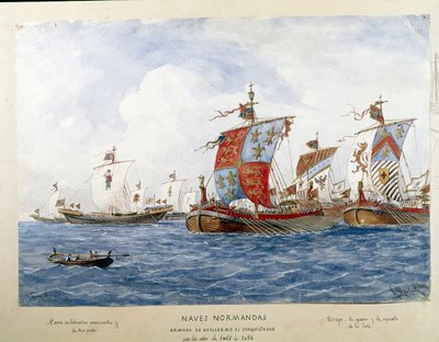 Representação da frota de Guilherme o Conquistador no século XI, navios de guerra, comércio, transporte de passageiros (Watercolour de Unknown artist