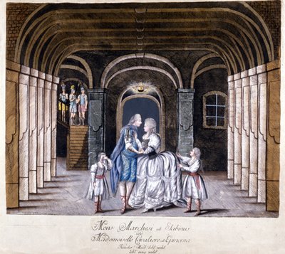 Representação da ópera "Giulio Sabino" de Giuseppe Sarti (1729-1802), em Viena, em 1785. No palco Caterina (Katharina) Cavalieri e o castrato Luigi Marchesi. Milão de Unknown artist