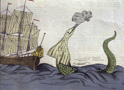 Representação da serpente marinha vista pelo missionário norueguês Hans Egede (1686-1758) durante sua viagem à Groenlândia. Gravura do século XVIII de Unknown artist