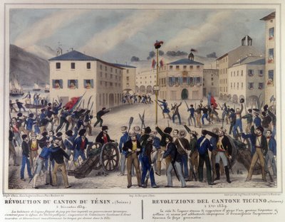 Revolução do Cantão do Ticino na Suíça em 5 de Dezembro de 1859. Gravura do século XIX. de Unknown artist