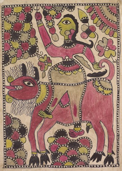 Cavaleiro e criatura bovina de quatro patas na paleta malva, chartreuse e preta de Unknown artist