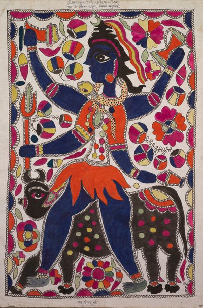 Cavaleiro e criatura bovina de quatro patas com borda de quadrados coloridos, paleta roxa, laranja e magenta com inscrição na parte superior e inferior de Unknown artist