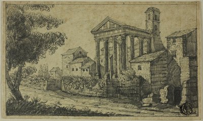 Paisagem do rio com templo romano de Unknown artist