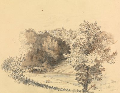 Paisagem fluvial com a cidade na distância de Unknown artist