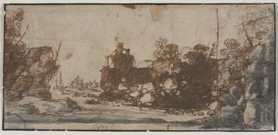 Rocky Inlet com Barcos e Edifícios (reto) de Unknown artist