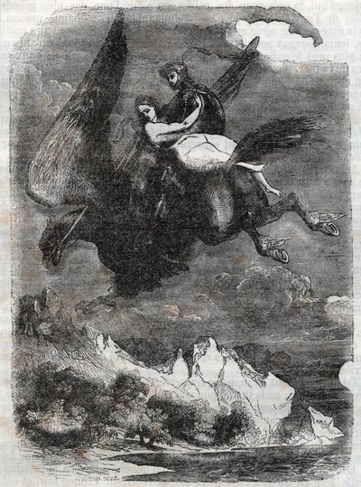 Roger (Ruggero, Ruggiero) e Angelique (Angelica) sobre o hipocampo - Gravura de 1851 de "Roland furieux" (Orlando furioso) (século XVI) de Ludovico Ariosto, conhecido como Ariosto - Edição traduzida do italiano pelo Conde de Tressan e publishe de Unknown artist