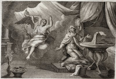 Bíblia de Royaumont, Novo Testamento: Anunciação da Virgem. O Arcanjo Gabriel veio para entregar uma mensagem a Maria. Ilustração de 1811. de Unknown artist