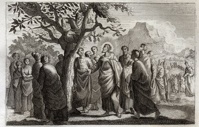 Bíblia de Royaumont, Novo Testamento: Conversão de Zachee. Jesus Cristo falando com Zachee empoleirando-se no plátano. Ilustração de 1811. de Unknown artist